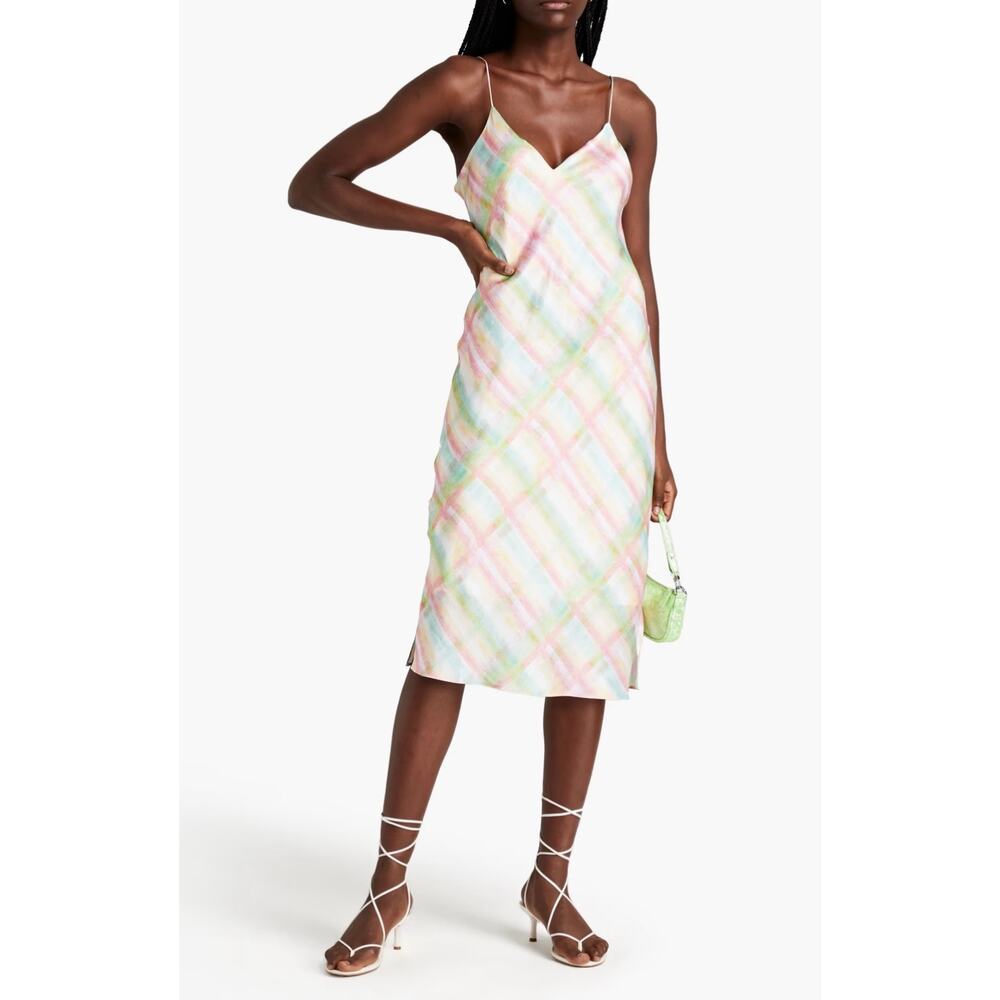 New Cami NYC Raven Midi Slip Dress Silk Charmeuse Rainbow Plaid XS Small